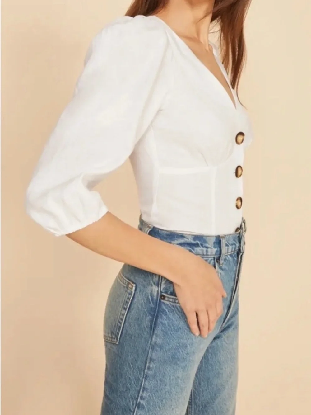 Reformation Anton Linen Button Front Puff Sleeve Top White Size 4